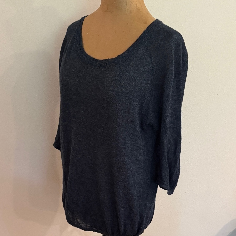 Theory S alpaca blend short sleeve tie cinch bottom textured Blue Knit sweater